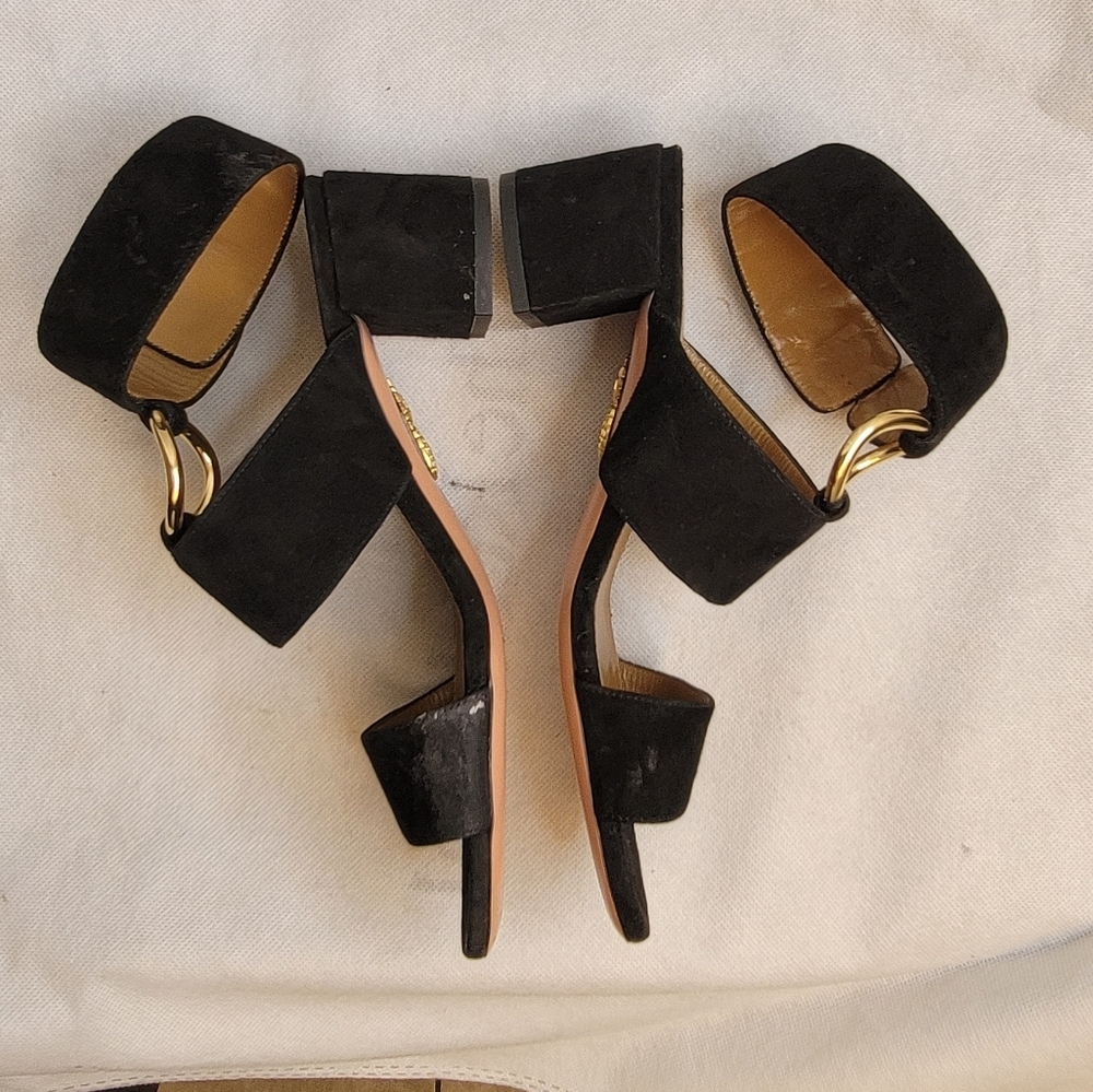 AQUAZZURA CAMEL SUEDE SAFARI LEATHER GOLD RING MID HEEL ANKLE STRAP  SANDALS - Picture 6 of 16